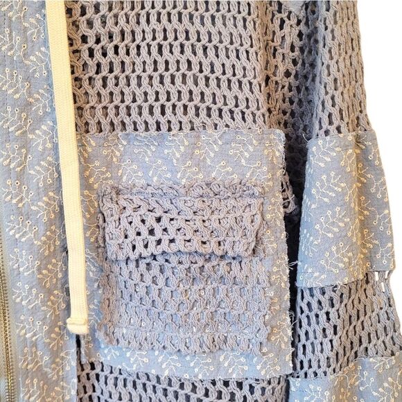 POL Women's Light Blue Cotton Boho Open Knit Eyelet Zip Up Hoodie Size M - Picture 4 of 5